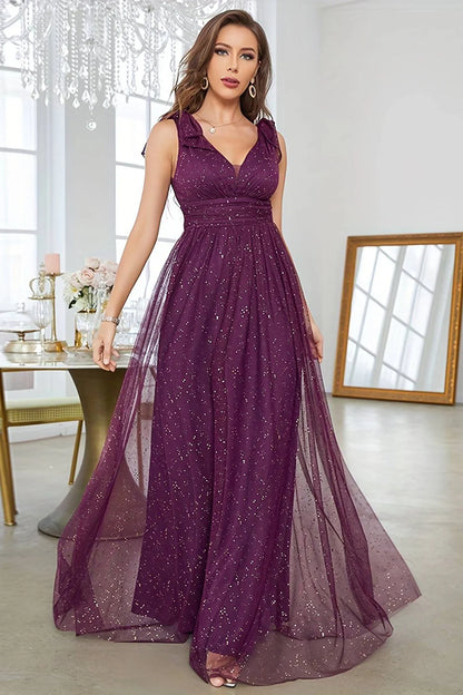 A-Line V-Neck Sequins Purple Tulle Long Prom Dress With Sleeveless