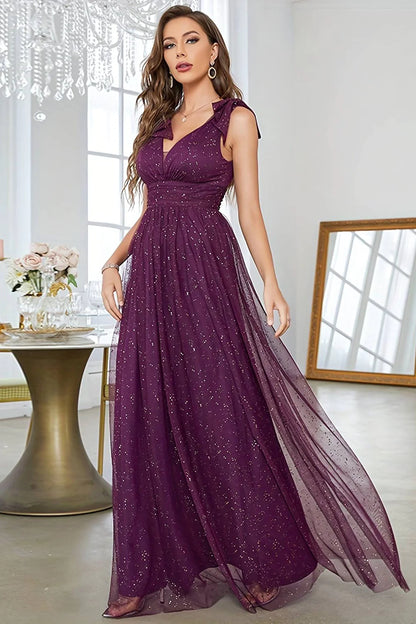 A-Line V-Neck Sequins Purple Tulle Long Prom Dress With Sleeveless