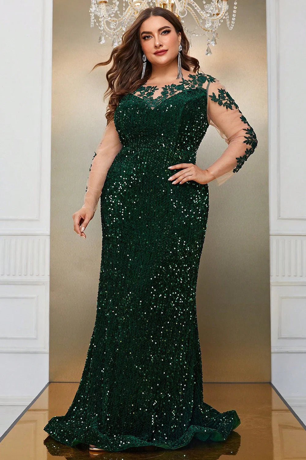 Sequin Dark Green Mermaid Plus Size Floor-length Prom Dress with Appliques