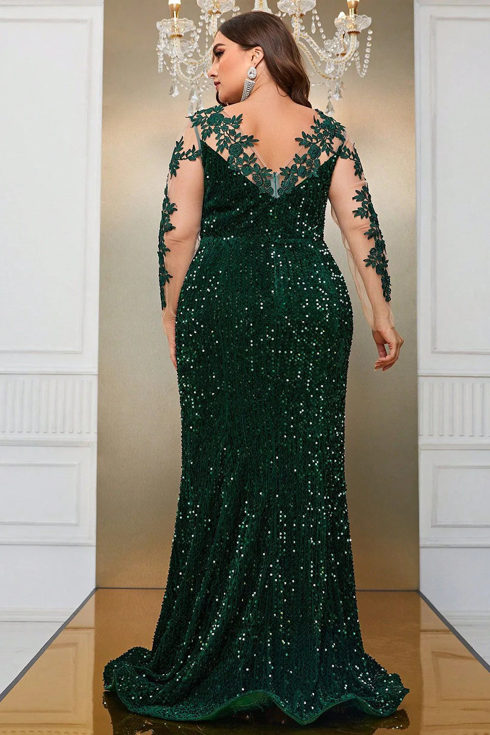 Sequin Dark Green Mermaid Plus Size Floor-length Prom Dress with Appliques