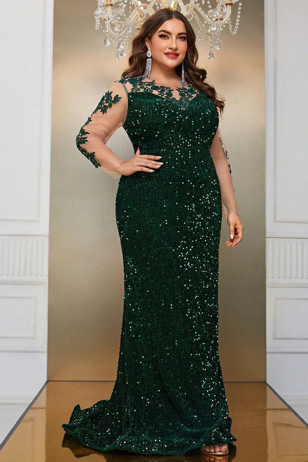 Sequin Dark Green Mermaid Plus Size Floor-length Prom Dress with Appliques