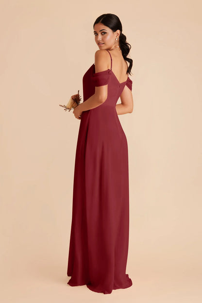 Charming Flowy Chiffon V Neck Cold Shoulder Open Back Floor Length Bridesmaid Dresses