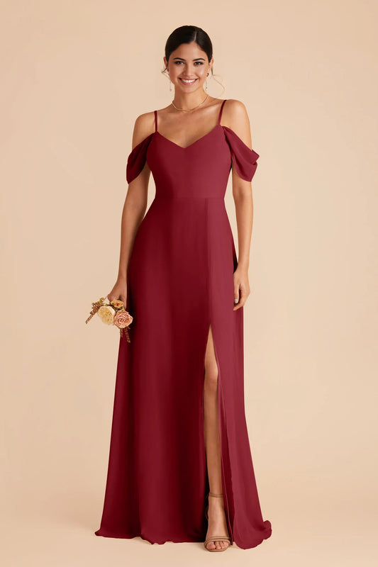 Charming Flowy Chiffon V Neck Cold Shoulder Open Back Floor Length Bridesmaid Dresses