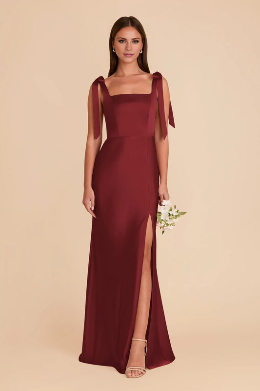 Chic Fitted Satin Square Neck Tie Shoulder Open Back Floor Length Bridesmaid Dresses