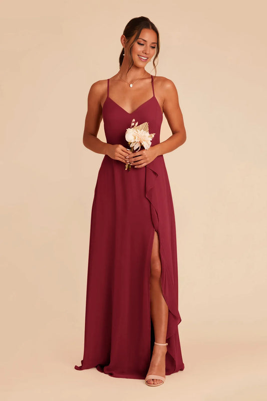 Chic Ruffled Satin V-Neck Spaghetti-Strap Open Back Floor Length Bridesmaid Dresses