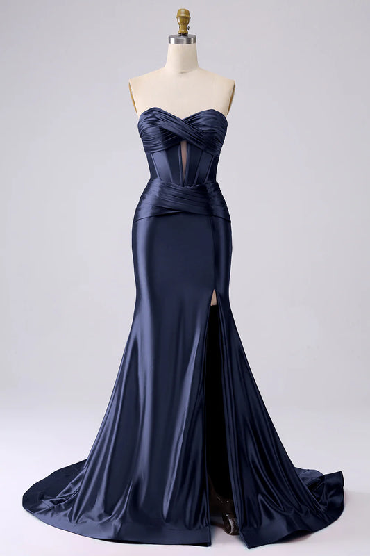 Sparkly Darrk Navy Mermaid Sweetheart Corset Long Prom Dress Evening Dress with Slit