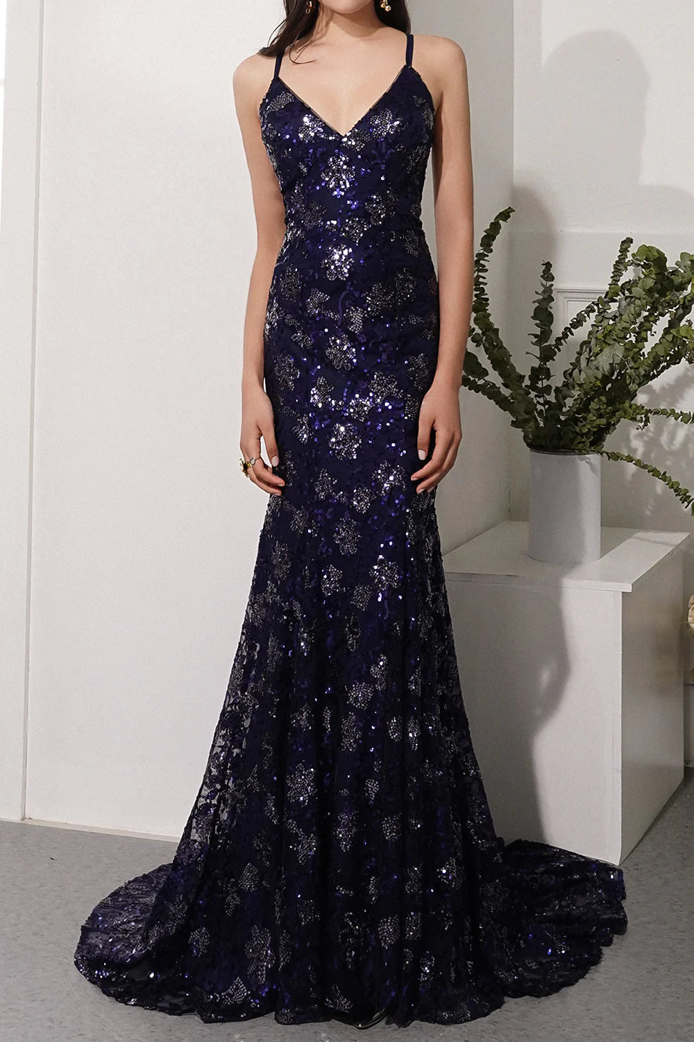 Mermaid Navy Evening Dress V-Neck Long Slip Dress with Beading Sequins