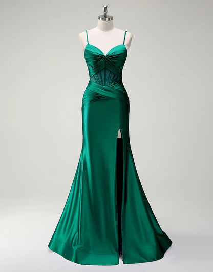 QIAIWAN Elegant Mermaid Satin Thin Strap Sleeveless V-neck Ball Dress