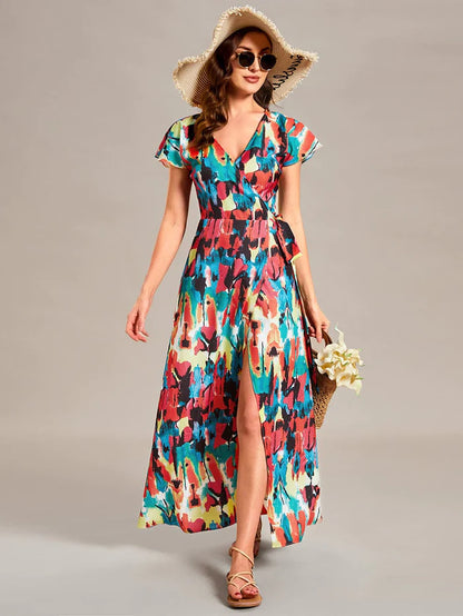 Summer One-Piece Printed Short Sleeve Tie-Waist Wedding Guest Dress