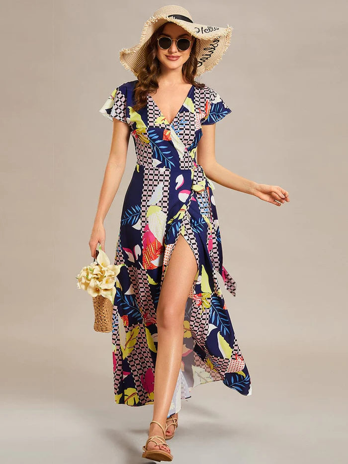 Summer One-Piece Printed Short Sleeve Tie-Waist Wedding Guest Dress