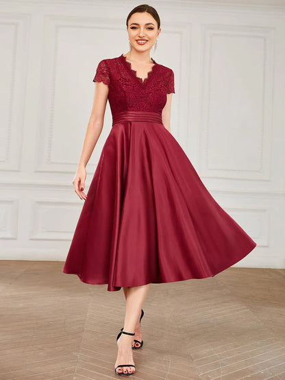 Romantic V-neck Lace Bodice Wedding Guest Dress with Pockets