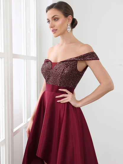 Sequin Off-Shoulder Illusion Sweetheart Ribbon Waist High Low Evening Dress