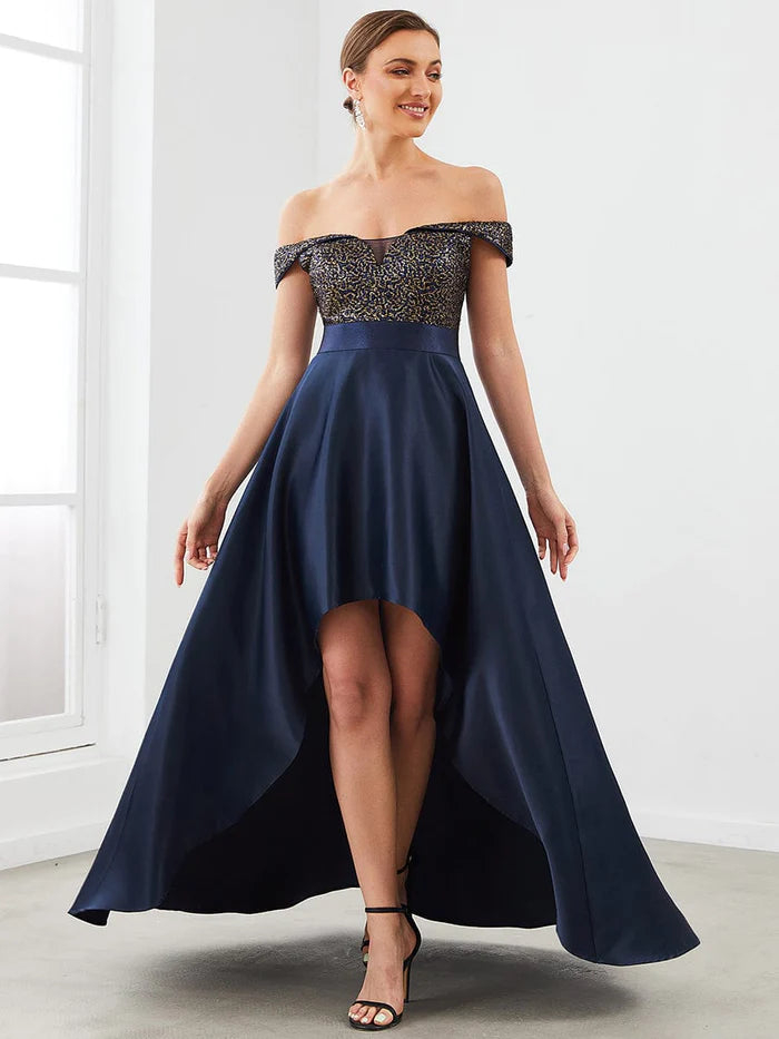 Sequin Off-Shoulder Illusion Sweetheart Ribbon Waist High Low Evening Dress