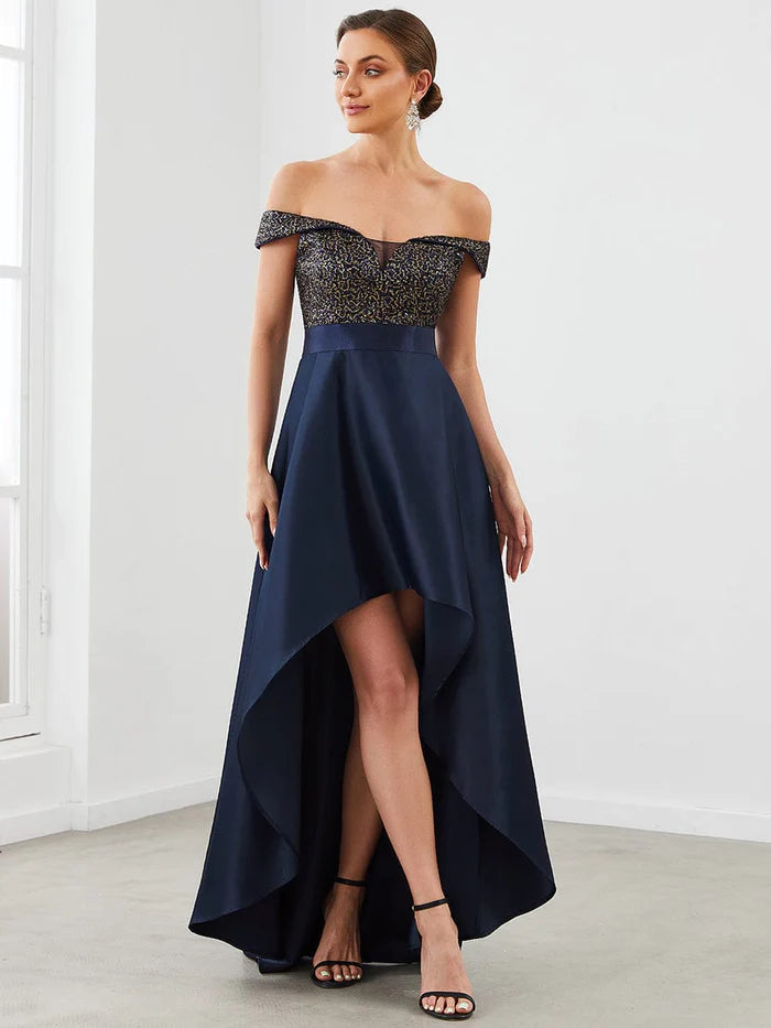 Sequin Off-Shoulder Illusion Sweetheart Ribbon Waist High Low Evening Dress