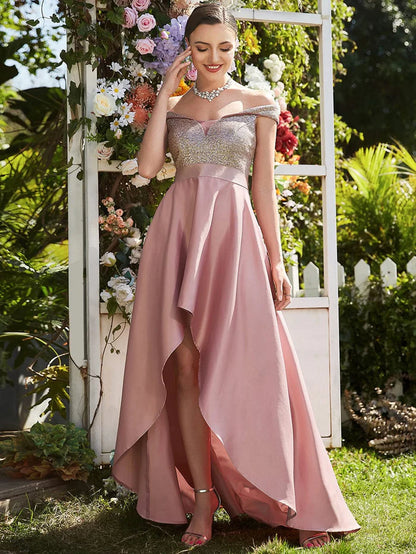 Sequin Off-Shoulder Illusion Sweetheart Ribbon Waist High Low Evening Dress