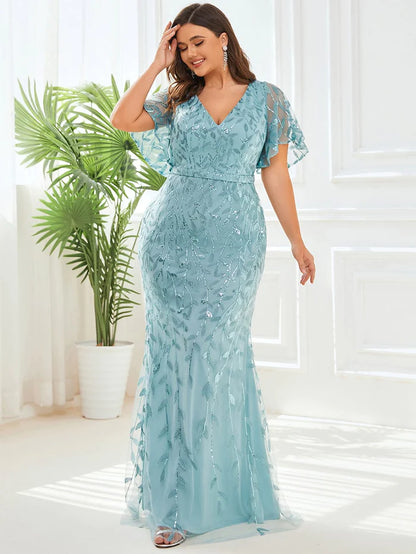 Qiaiwan Gorgeous V Neck Leaf-Sequined Fishtail Party Dress