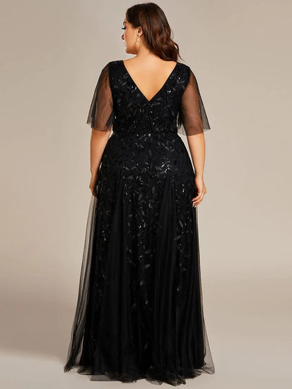 Shimmery V Neck Ruffle Sleeves Sequin Maxi Long Evening Dress