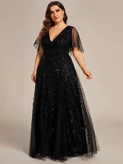 Shimmery V Neck Ruffle Sleeves Sequin Maxi Long Evening Dress