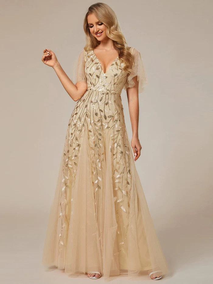 Shimmery V Neck Ruffle Sleeves Sequin Maxi Long Evening Dress