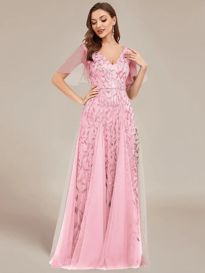 Shimmery V Neck Ruffle Sleeves Sequin Maxi Long Evening Dress