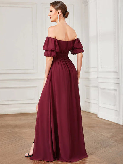 Chiffon Shirred Off-Shoulder High Slit Evening Dress