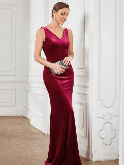 Velvet Sleeveless V-Neck Cowl Back Bodycon Evening Dress