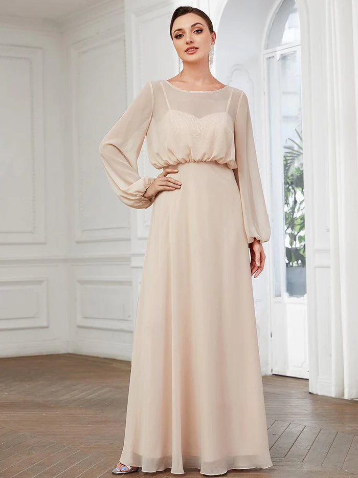 Illusion Long Sleeve Chiffon A-Line Formal Evening Dress