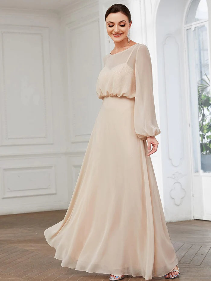 Illusion Long Sleeve Chiffon A-Line Formal Evening Dress