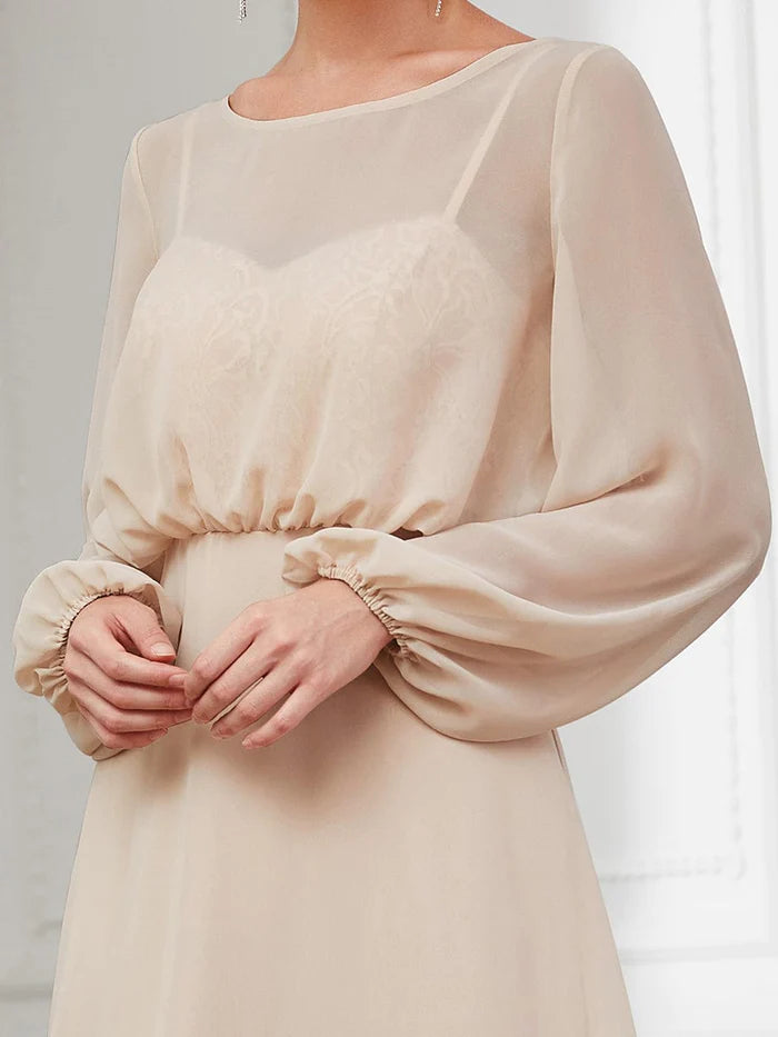 Illusion Long Sleeve Chiffon A-Line Formal Evening Dress