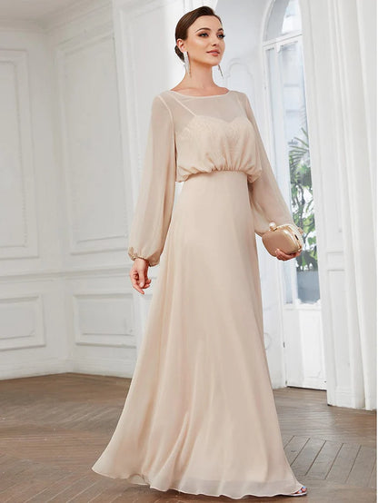 Illusion Long Sleeve Chiffon A-Line Formal Evening Dress