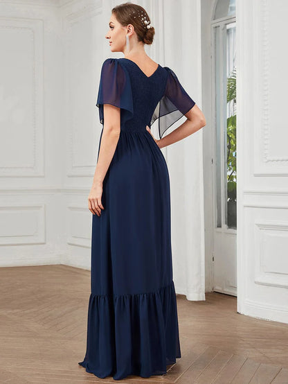 Short Sleeve V-Neck Shirred A-Line Evening Dress