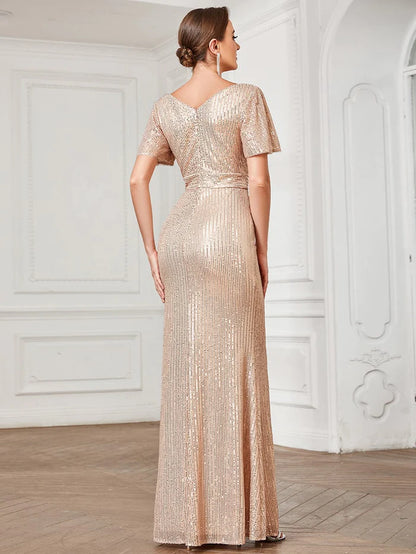 Sequin V-Neck Short Sleeve Empire Waist Evening Dress