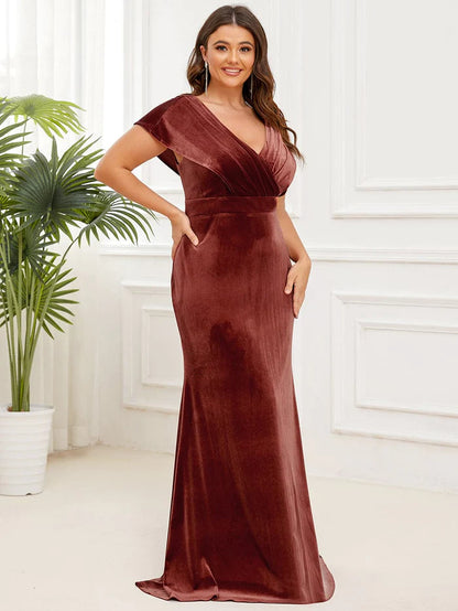 Plus Size V-Neck Velvet Pleated Floor Length Evening Dress