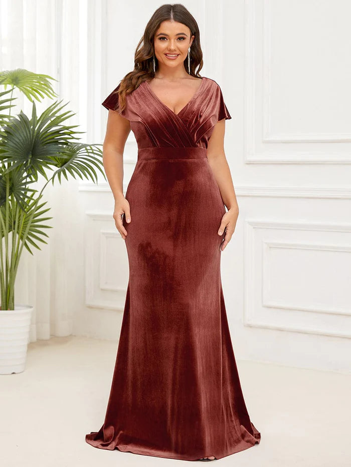 Plus Size V-Neck Velvet Pleated Floor Length Evening Dress