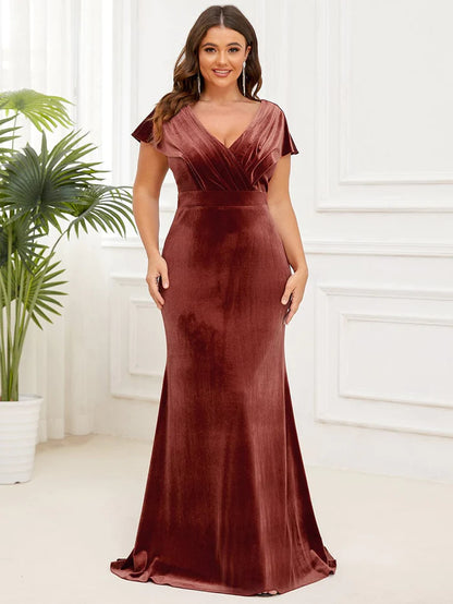 Plus Size V-Neck Velvet Pleated Floor Length Evening Dress