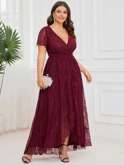 Plus Size Short Sleeve Ruffled V-Neck A-Line Lace Evening Dress