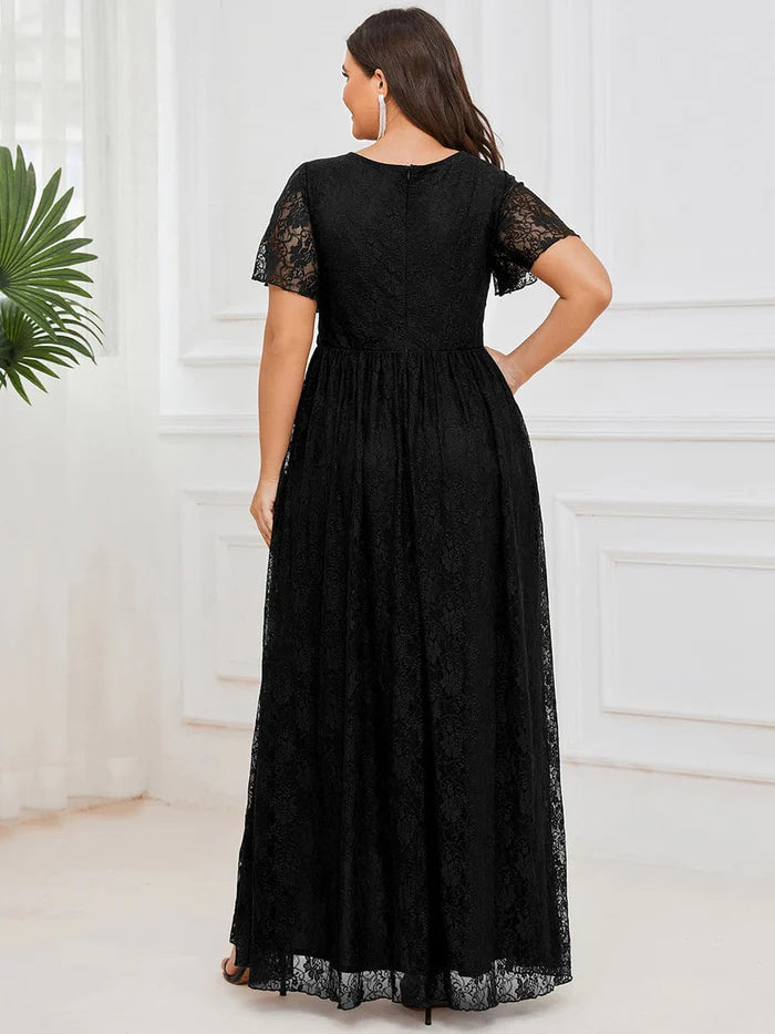 Plus Size Short Sleeve Ruffled V-Neck A-Line Lace Evening Dress