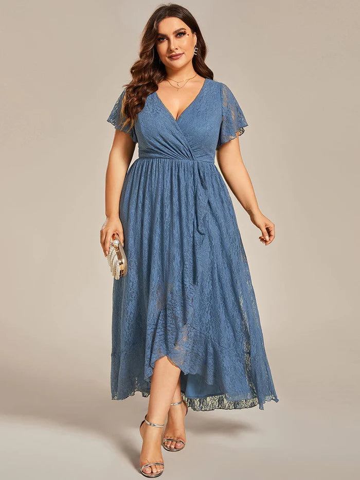 Plus Size Short Sleeve Ruffled V-Neck A-Line Lace Evening Dress