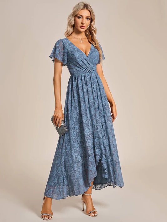 Pleated V-Neck Short Sleeve Ruffled Lace Evening Dress