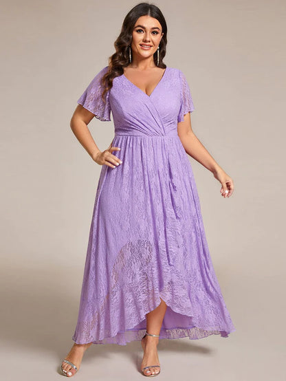 Plus Size Short Sleeve Ruffled V-Neck A-Line Lace Evening Dress