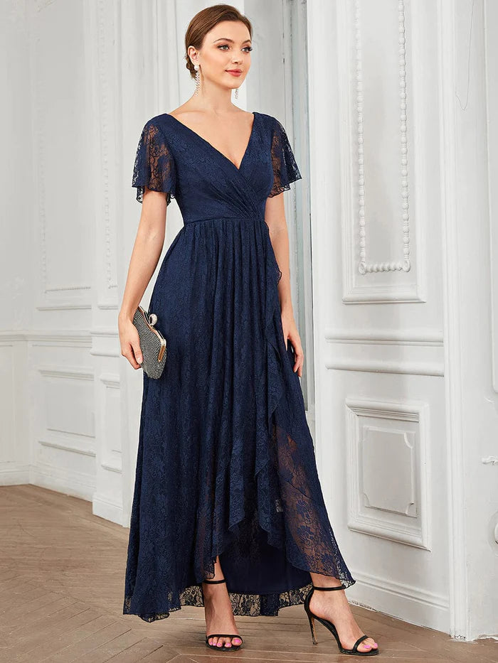 Pleated V-Neck Short Sleeve Ruffled Lace Evening Dress