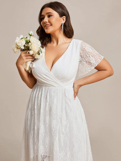 Pleated V-Neck Short Sleeve Ruffled Lace Evening Dress