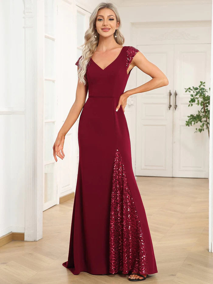 Sequin Cap Sleeve V-Neck A-Line Evening Dress