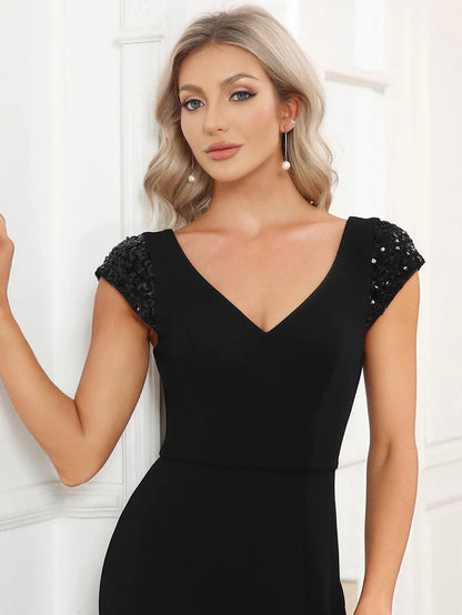 Sequin Cap Sleeve V-Neck A-Line Evening Dress