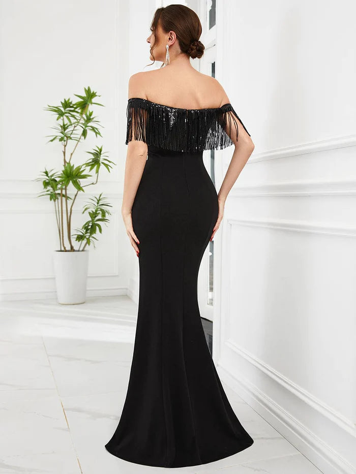 Beaded Tassel Fringe Off-Shoulder Bodycon Fishtail Formal Evening Dress