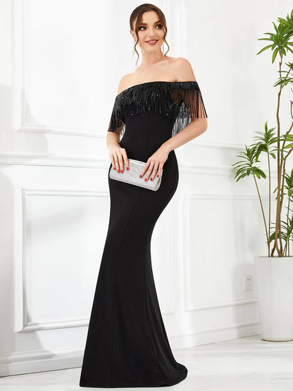 Beaded Tassel Fringe Off-Shoulder Bodycon Fishtail Formal Evening Dress