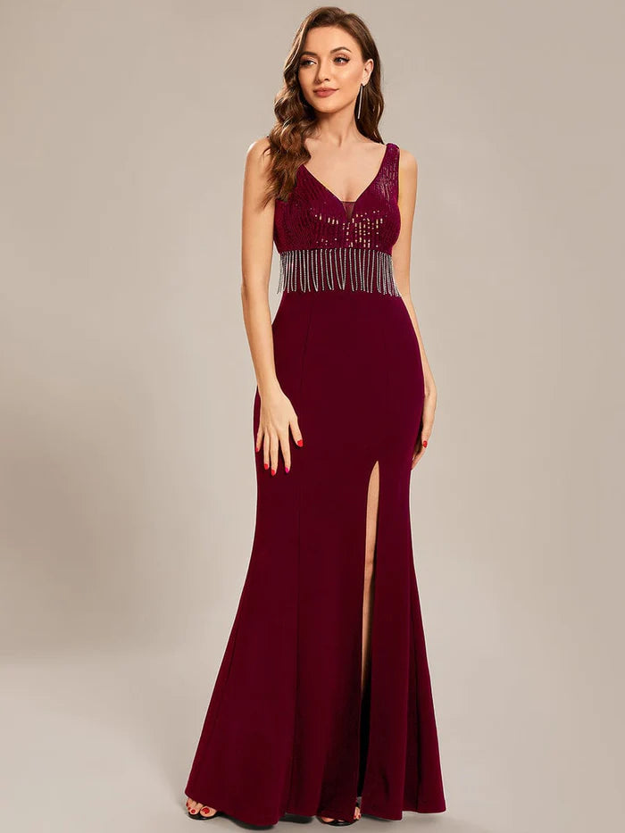 Custom Size Sequin Tassel High Slit Bodycon Evening Dresses