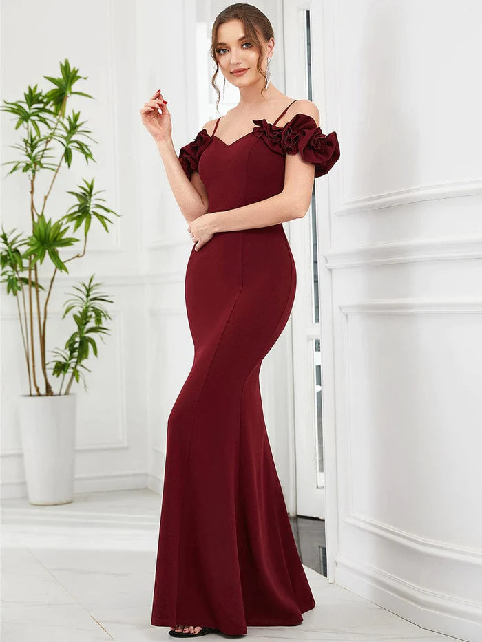 Ruffled Cold Shoulder Spaghetti Strap Bodycon Evening Dress