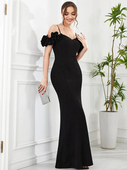 Ruffled Cold Shoulder Spaghetti Strap Bodycon Evening Dress