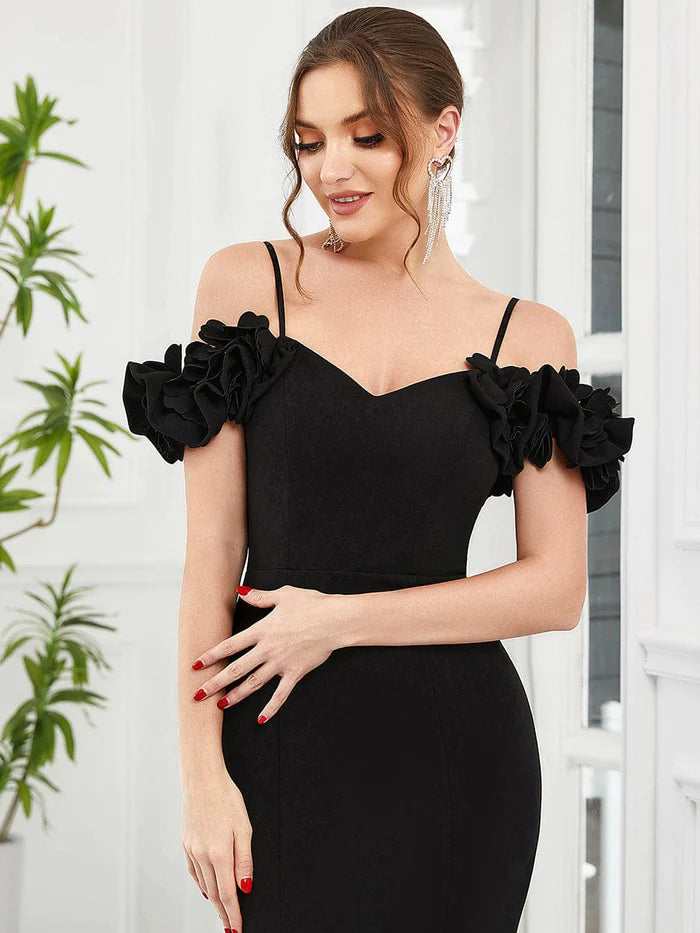 Ruffled Cold Shoulder Spaghetti Strap Bodycon Evening Dress